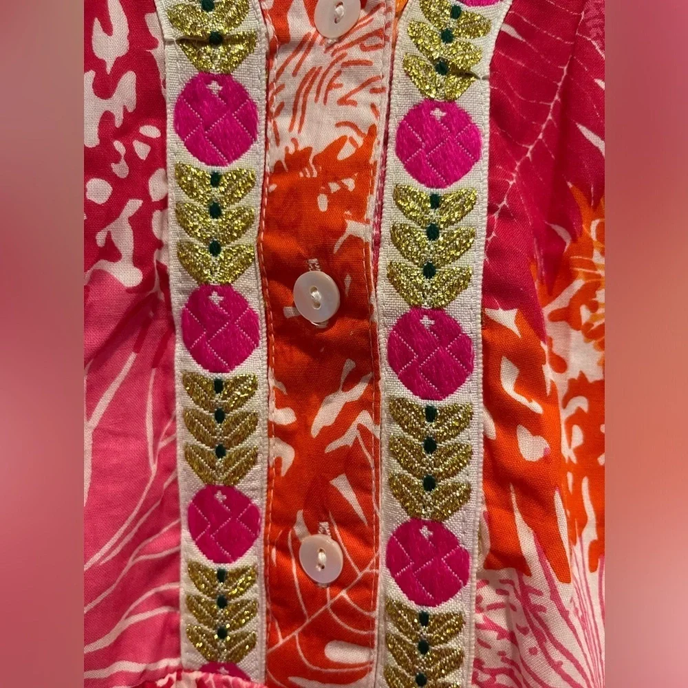 Debbie Katz South Beach Sinia Pink Orange Embroidered Trim Dress size M EUC - Picture 2 of 6